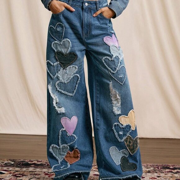 Blue Casual Women's patchwork Heart Pattern Washed Low-Rise Denim Jeans - Picture 7 of 7